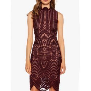 Bardot NWT Alice Lace Body Con Dress High Neck Pinot Noir Art Deco Lace sz